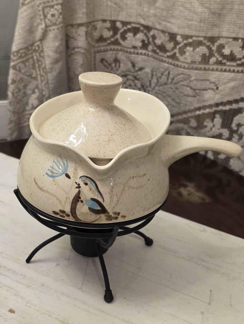 Vintage Red Wing Pottery Bob White Quail Gravy Boat Sauce Pot Lid & Warmer Stand